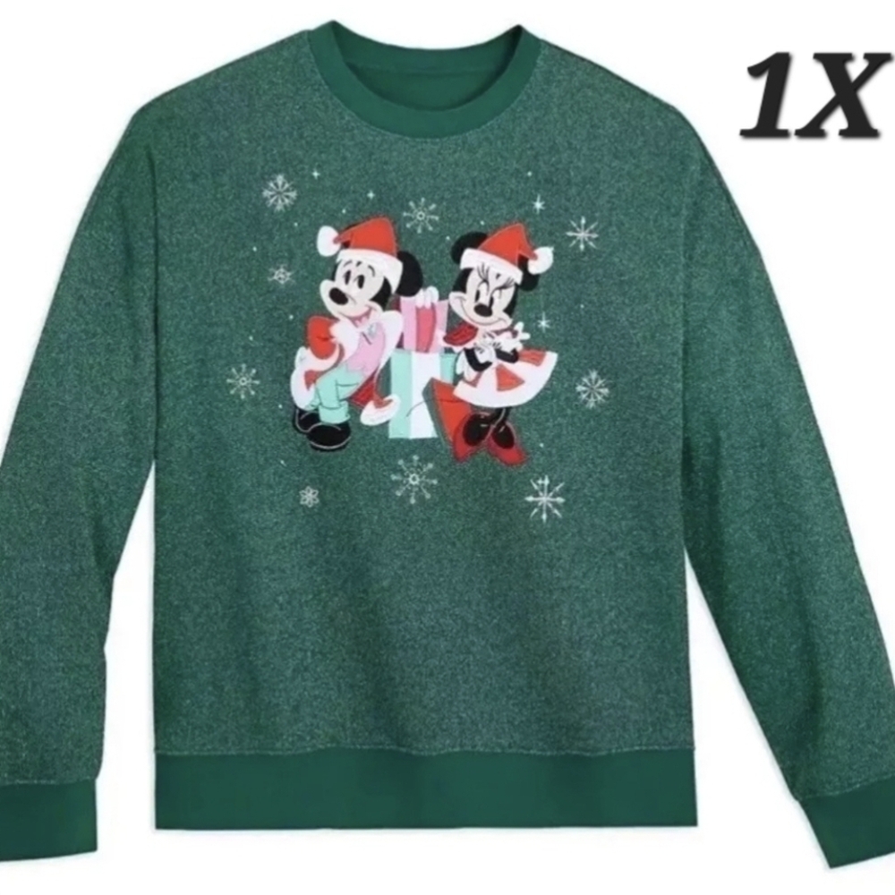 DisneyParks Santa Mickey And Minnie Green Holiday Pullover Sweatshirt 1X NWT